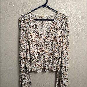 Boden White Floral V-Neck Long Sleeve Blouse
